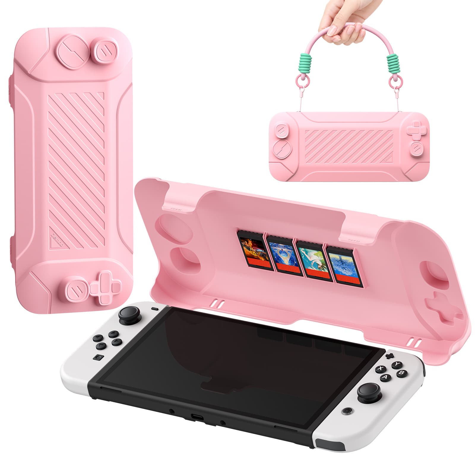 Jemdo pink faceplate cover for Nintendo Switch and OLED dock with handle strap and 4 game card slots